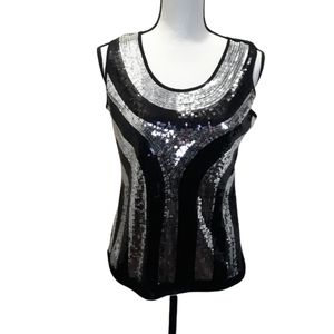 Once 1 Again  women's stretch top. Colors: black and silver, size M